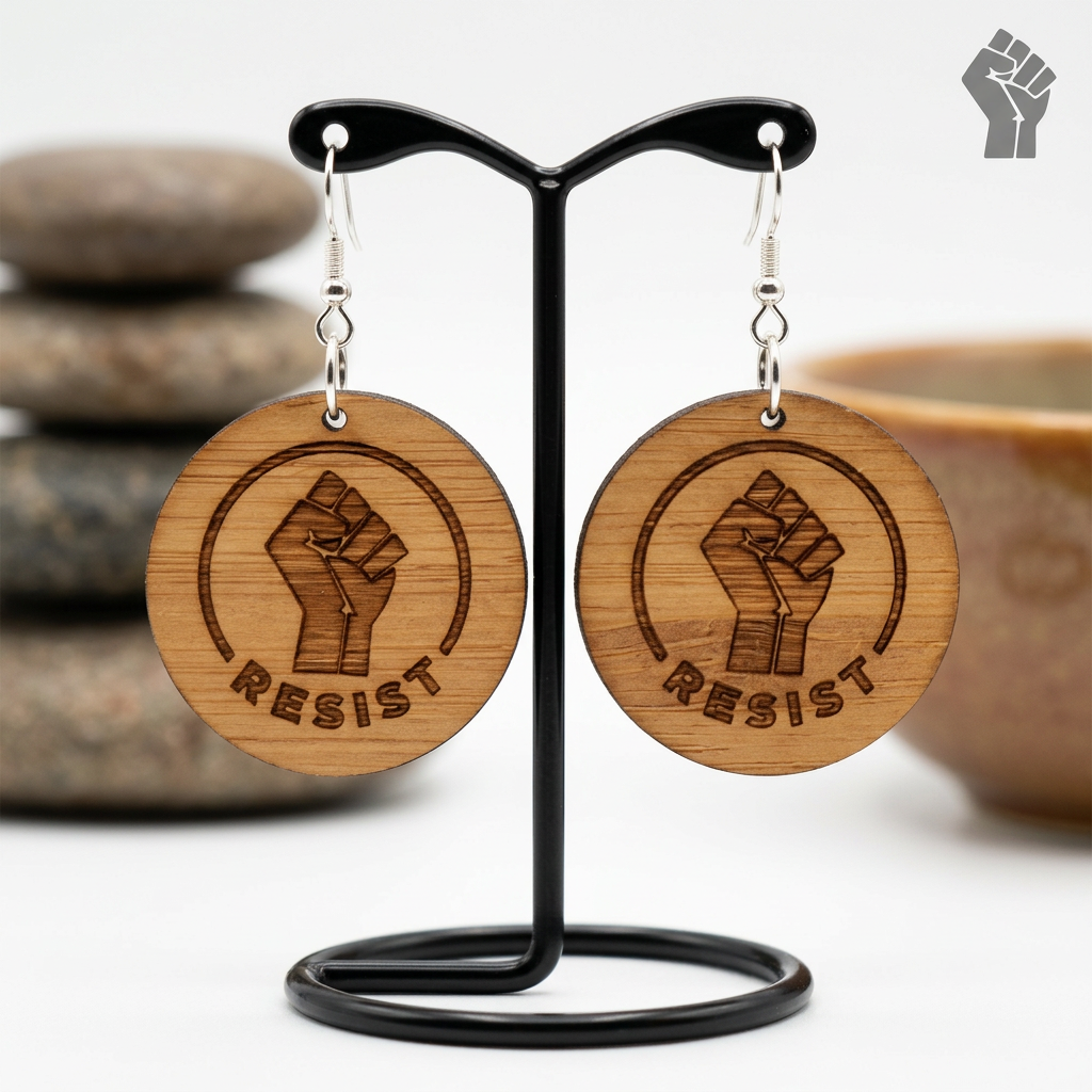 "Resist" Engraved Wooden Drop Earrings